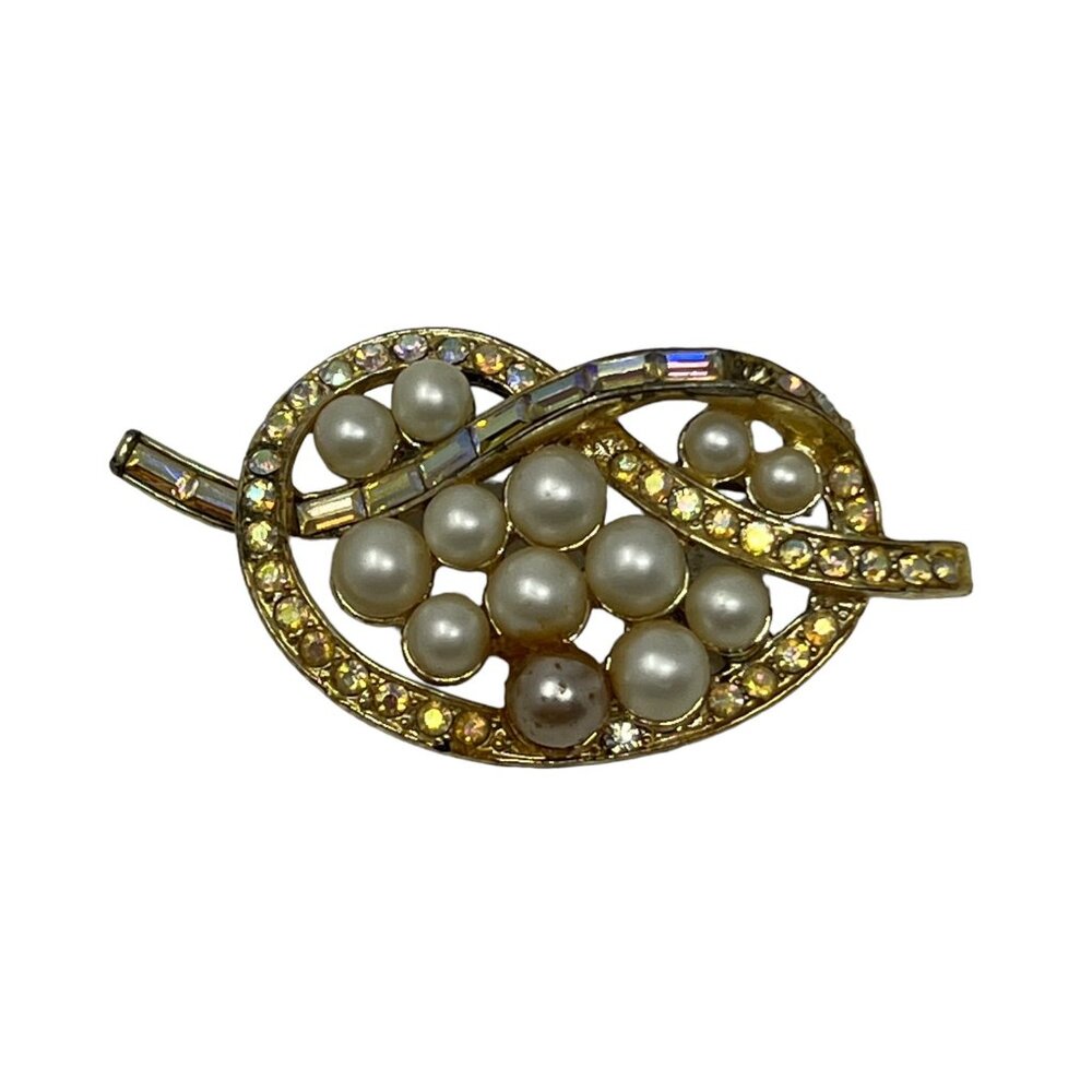 Knot Brooch Faux Pearl AB Rhinestone Baguette‎ Gold Tone Vintage Pin